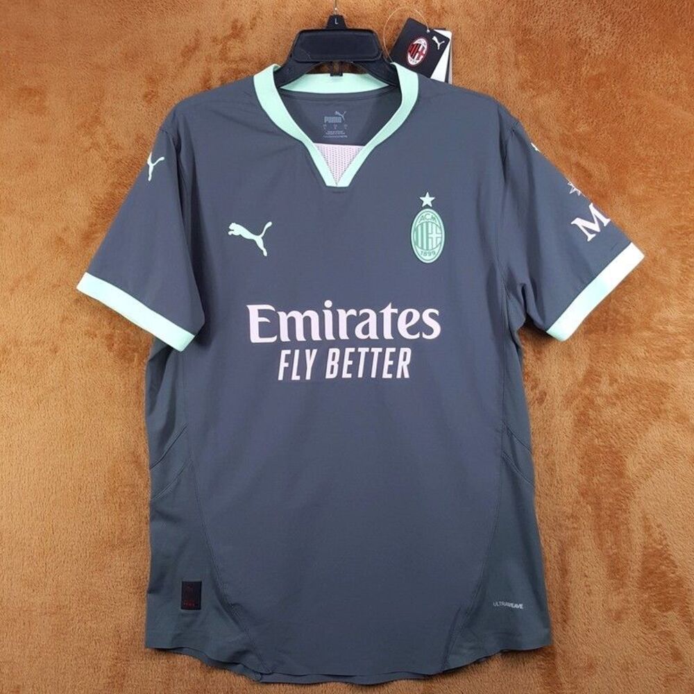 Puma ACM Mens XL Gray AC Milan Emirates Fly Better Soccer Futbol Jersey $140